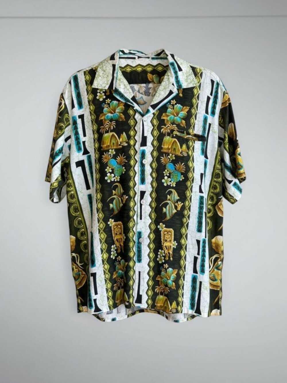 Tropicana Men's Vintage 50s 60s Hawaiian Tiki Camp Aloha Shirt Fish Loop Collar